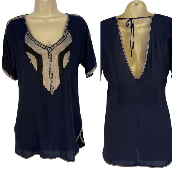 Free People Anthropologie Silver Springs Embroidered Navy Tunic V-Back Top XS - Picture 7 of 14